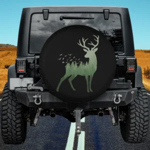 Deer pine trees birds wildlife spare tire cover with no camera hole for Jeep, RV, 5th wheel