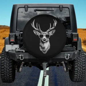 Hand-drawn deer with sunglasses wildlife spare tire cover for camper or RV, no camera hole