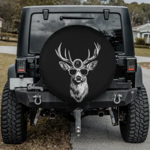 Hand-drawn deer sunglasses wildlife spare tire cover for Jeep or SUV with camera hole
