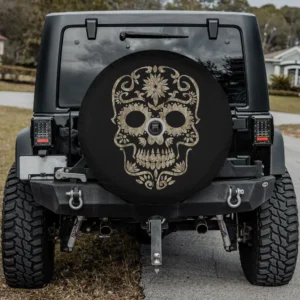 Desert camo sugar skull floral motorhome spare tire cover with camera hole