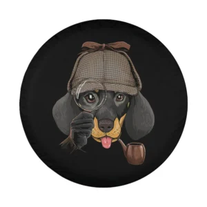 Cartoon dachshund detective hat magnifying glass pipe illustration tire cover