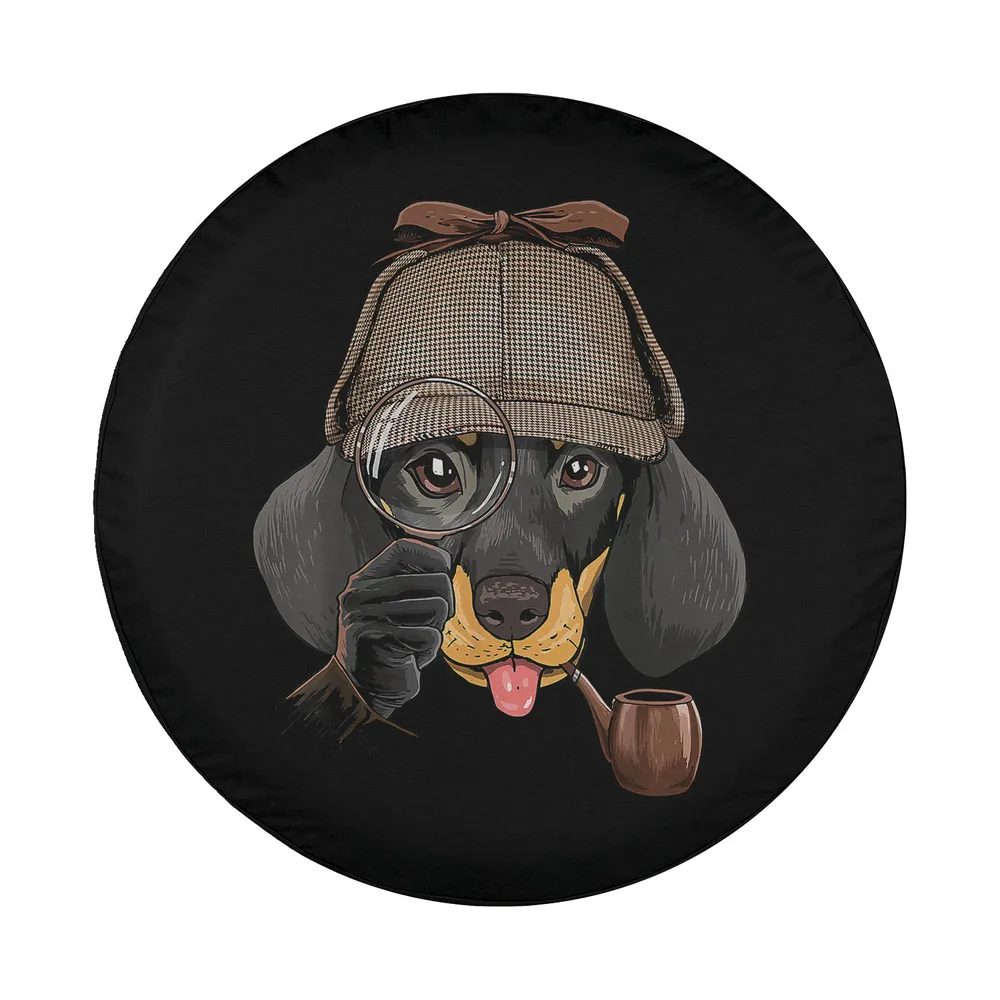 Cartoon dachshund detective hat magnifying glass pipe illustration tire cover