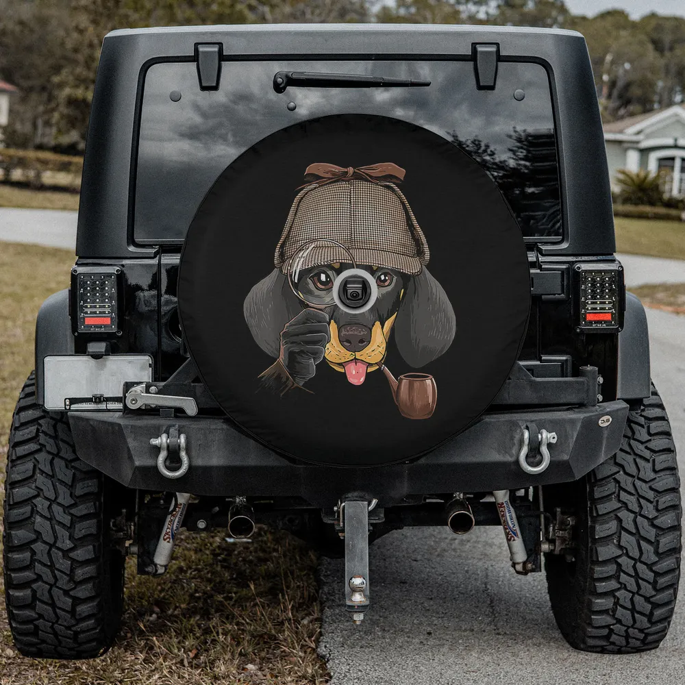 Dachshund detective hat magnifying glass spare tire cover with backup camera hole