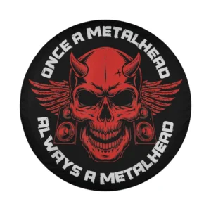 closeup of devil skull winged speakers metalhead skeleton Halloween spare tire cover art