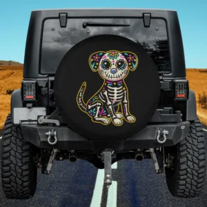 Dia de los Muertos sugar skull dog skeleton spare tire cover no camera hole for Jeep SUV RV