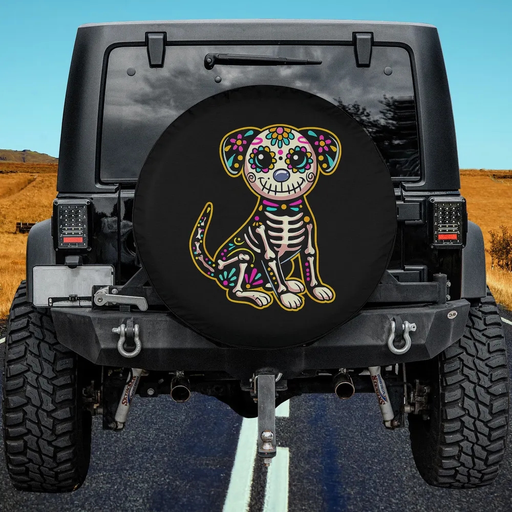 Dia de los Muertos sugar skull dog skeleton spare tire cover no camera hole for Jeep SUV RV