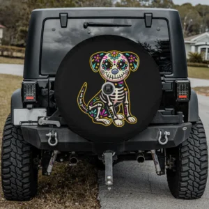 Dia de los Muertos sugar skull dog skeleton spare tire cover with camera hole for Jeep SUV RV