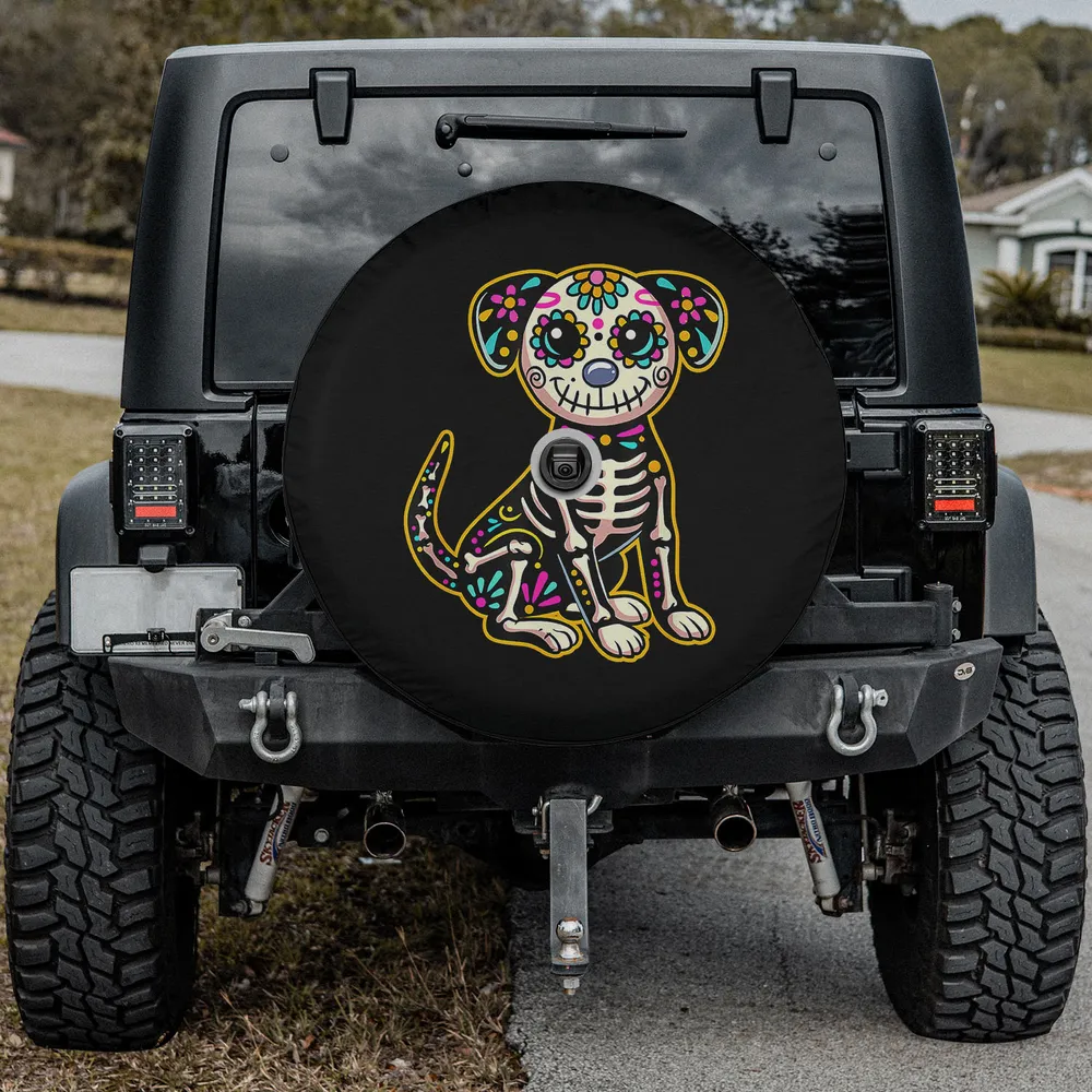 Dia de los Muertos sugar skull dog skeleton spare tire cover with camera hole for Jeep SUV RV