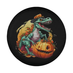 Cartoon dinosaur skeleton T-Rex with pumpkin and autumn leaves Halloween tire cover