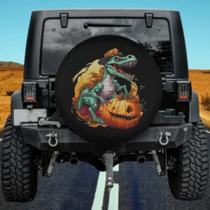 Dinosaur skeleton T-Rex in witch hat with pumpkin on Halloween spare tire cover