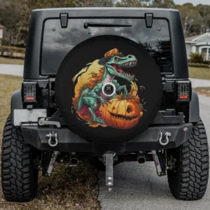 T-Rex skeleton with jack-o-lantern and witch hat Halloween spare tire cover for Jeep