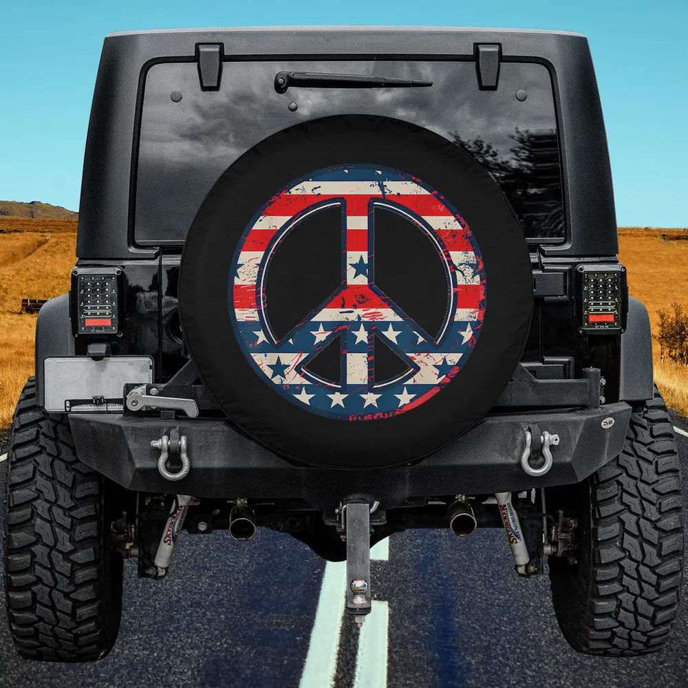 Distressed American flag peace sign Americana spare tire cover with no camera hole on Jeep Gladiator
