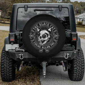 Distressed cat skull Edgar Allan Poe spare tire cover, gothic style, with backup camera hole