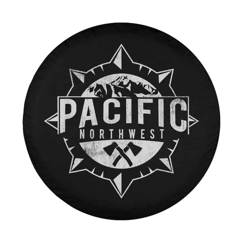 Distressed compass mountain axes Pacific Northwest graphic design for spare tire cover