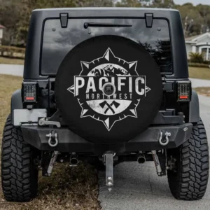 Distressed compass mountain axes Pacific Northwest spare tire cover with camera hole for Jeep SUV