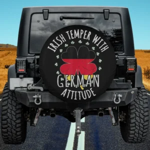 Distressed German flag clover and Irish temper text St. Patrick's Day spare tire cover no camera hole