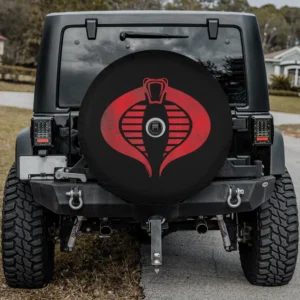 Distressed red Cobra logo G.I. Joe camper spare tire cover with camera hole for Jeep
