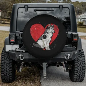 Distressed red heart Siberian Husky dog lover spare tire cover with camera hole