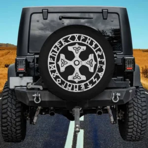 Distressed runic circle and Celtic knot Thors Hammer spare tire cover with Norse symbols for Honda CRV, no camera hole