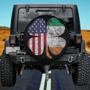 Distressed shamrock with American and Ireland flags St. Patrick's Day spare tire cover no camera hole