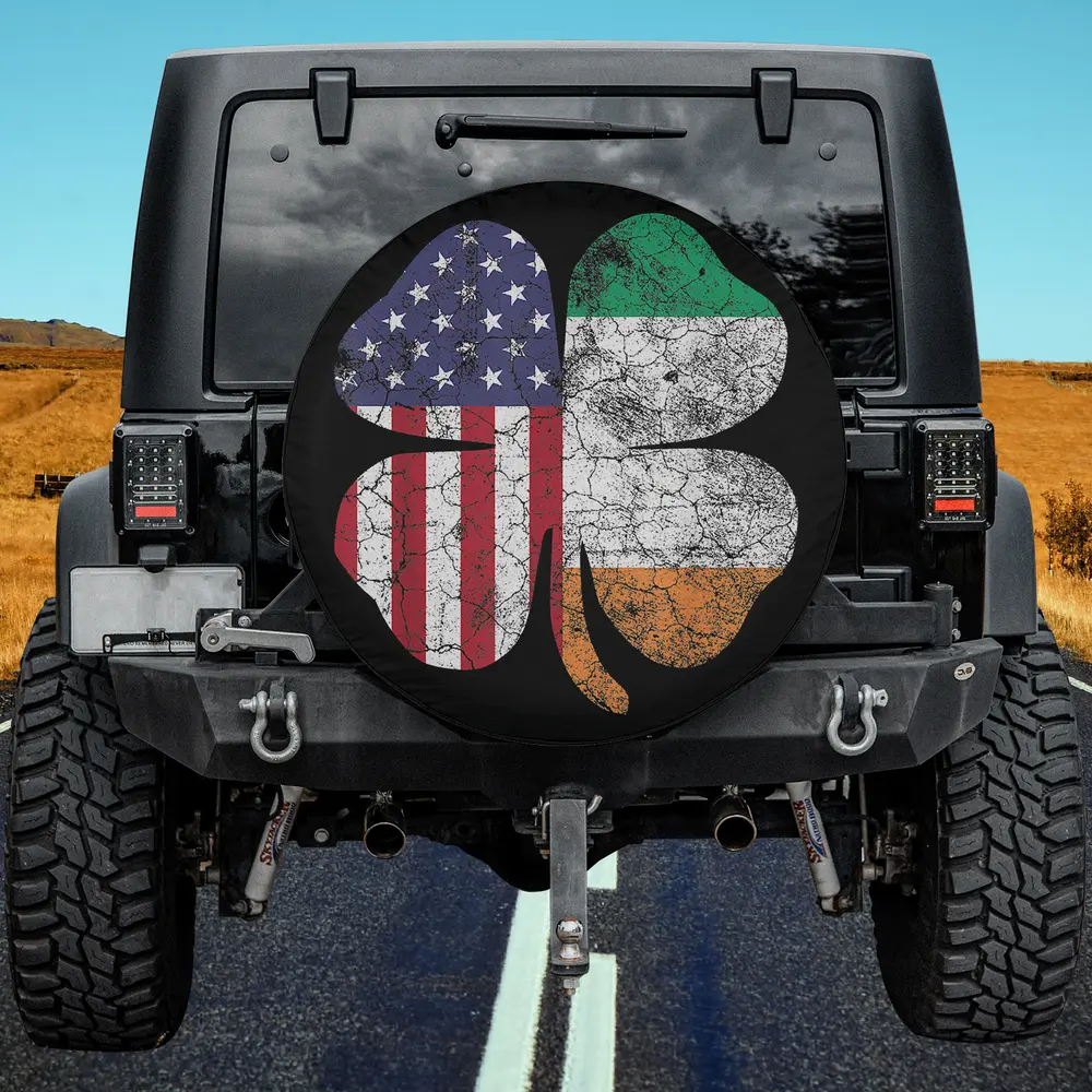 Distressed shamrock with American and Ireland flags St. Patrick's Day spare tire cover no camera hole