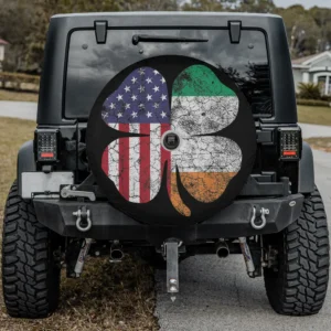 Distressed shamrock American Ireland flag St. Patrick's Day spare tire cover with camera hole