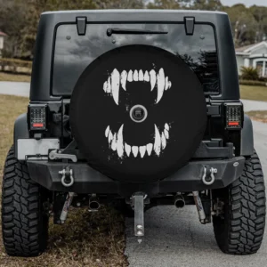 distressed vampire monster teeth dog spare tire cover with camera hole for SUV