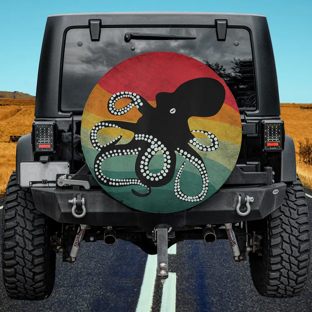 distressed vintage rainbow octopus silhouette spare tire cover without camera hole