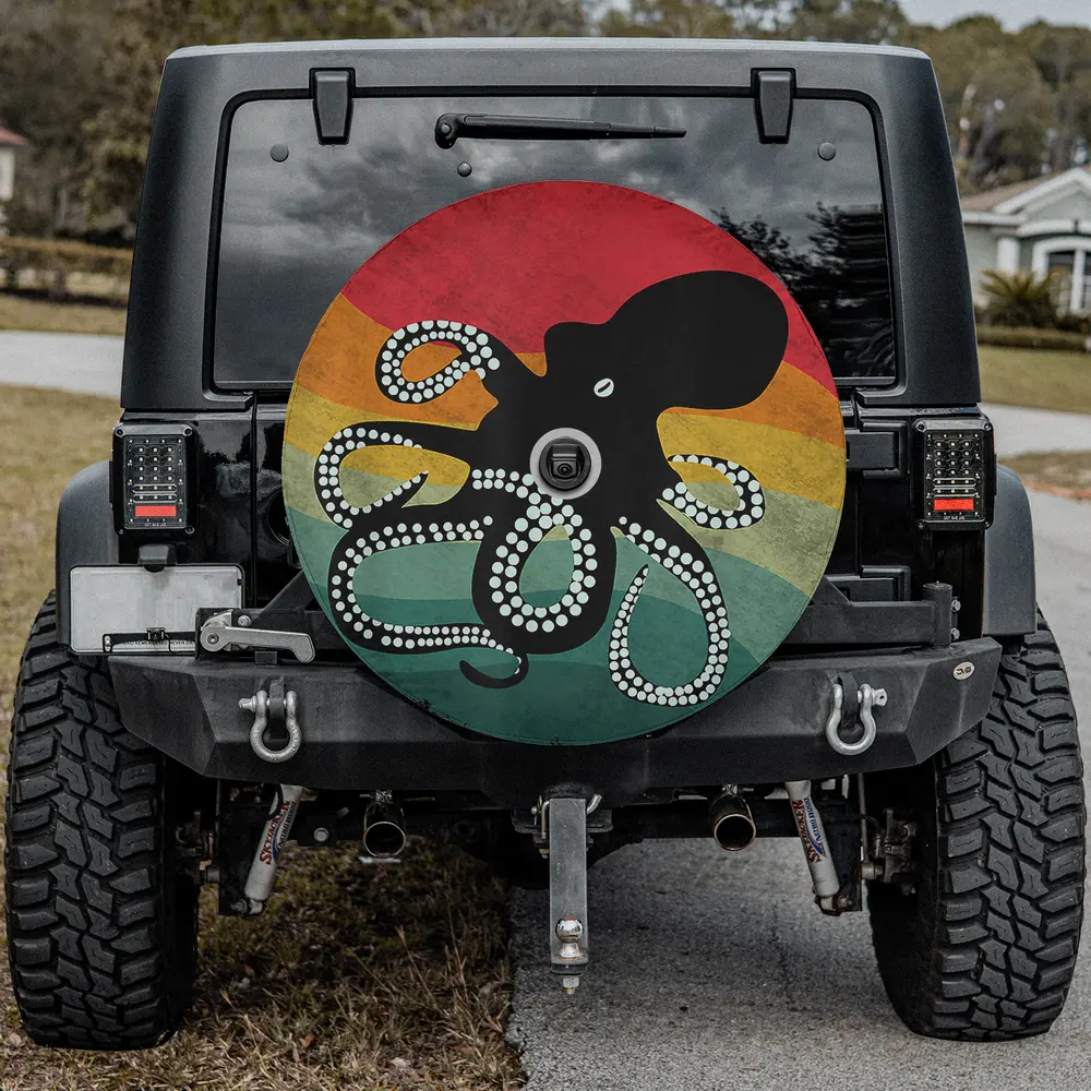 distressed vintage rainbow octopus silhouette spare tire cover with backup camera hole