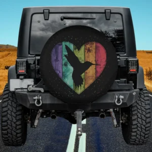 Distressed wooden heart rainbow hummingbird colorful spare tire cover with no camera hole for Jeep, SUV, RV