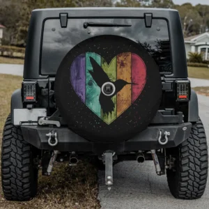 Distressed wooden heart rainbow hummingbird colorful spare tire cover with backup camera hole for Jeep, SUV, RV