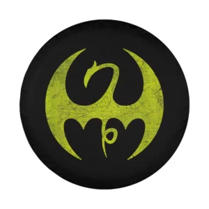Distressed yellow dragon Marvel Iron Fist logo graphic design closeup