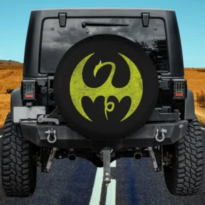 Distressed yellow dragon Marvel Iron Fist spare tire cover on Ford Bronco Sport with no camera hole