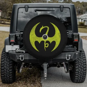 Distressed yellow dragon Marvel Iron Fist spare tire cover for Bronco Sport with camera hole