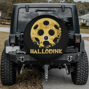 Distressed yellow pickleball hallodink Halloween spare tire cover with camera hole