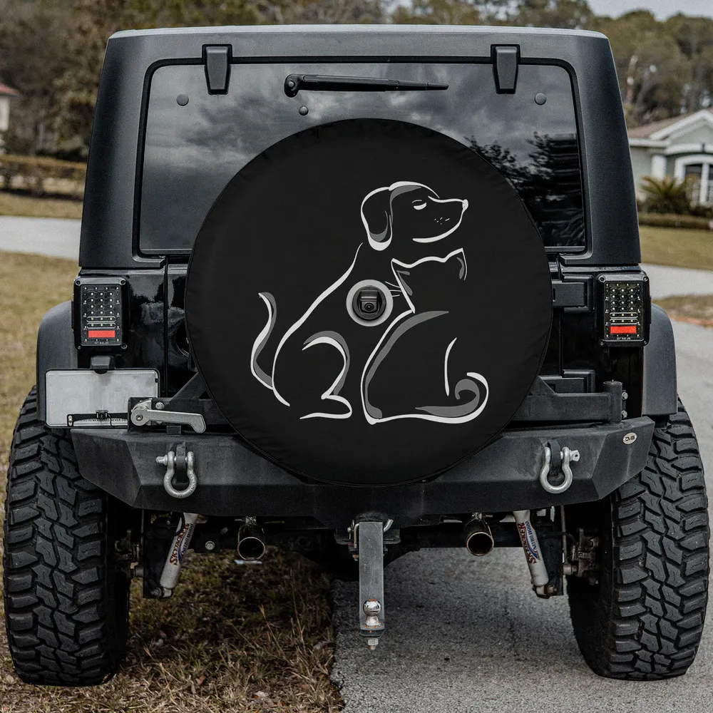 Dog cat friendship silhouette line art spare tire cover with backup camera hole