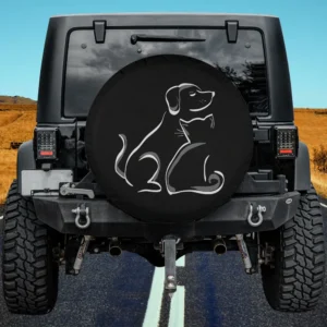 Dog and cat friendship silhouette line art spare tire cover for Jeep SUV RV