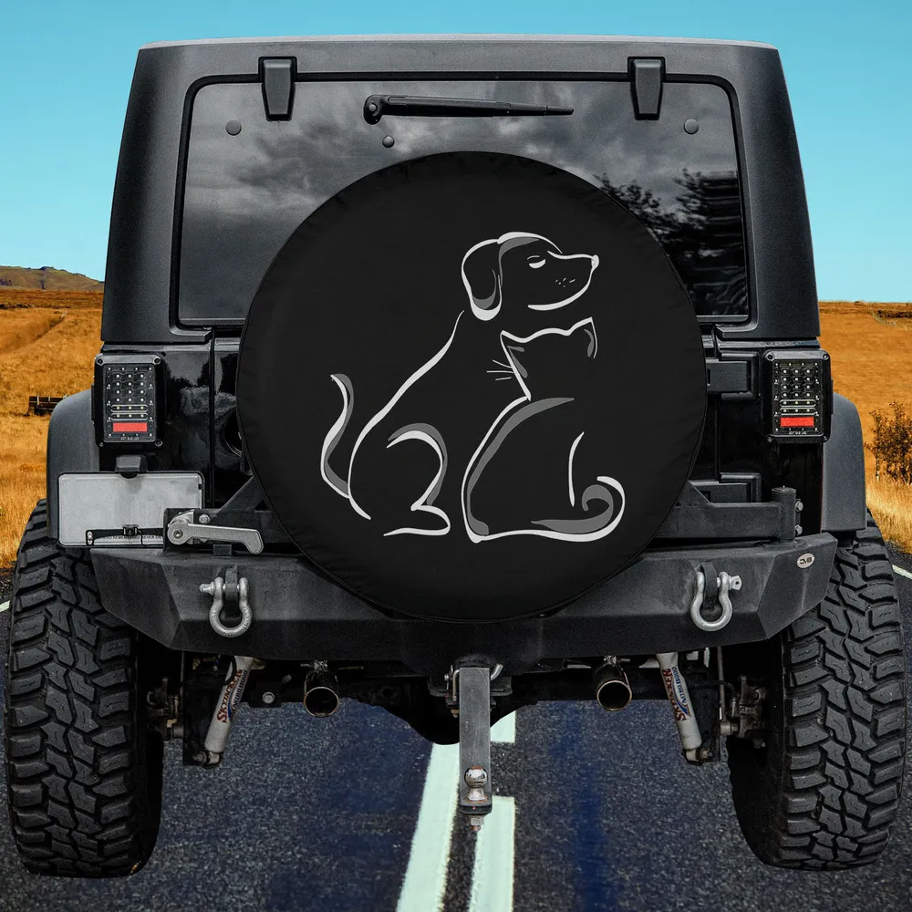 Dog and cat friendship silhouette line art spare tire cover for Jeep SUV RV