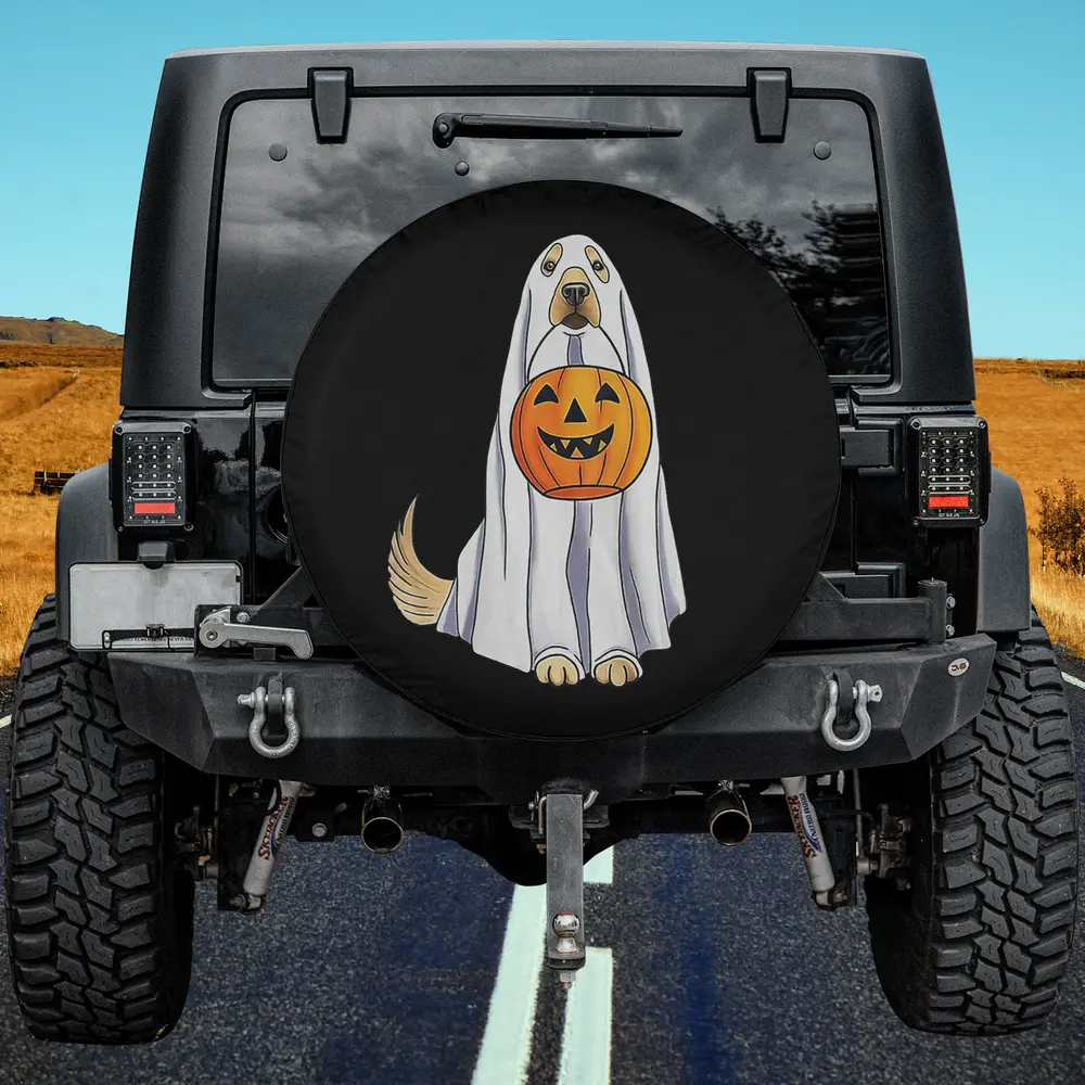 Dog ghost costume with pumpkin Halloween spare tire cover no camera hole