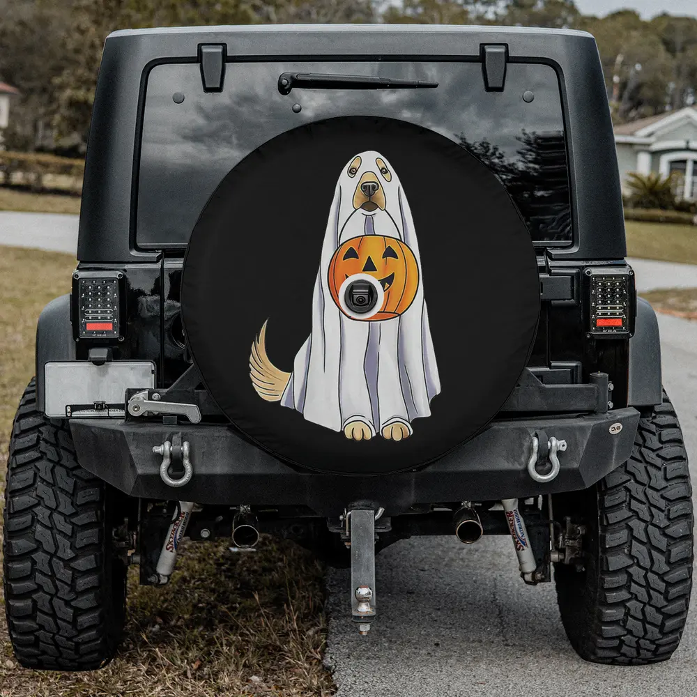 Dog ghost costume with pumpkin Halloween spare tire cover with camera hole