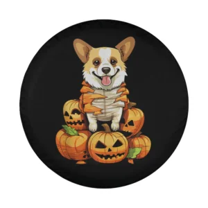 Cartoon dog mummy costume with jack o lanterns Halloween tire cover design