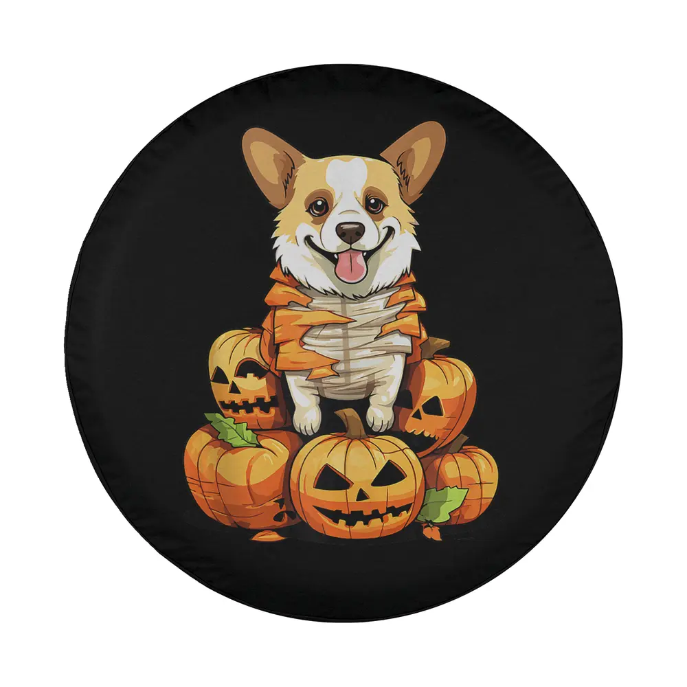 Cartoon dog mummy costume with jack o lanterns Halloween tire cover design