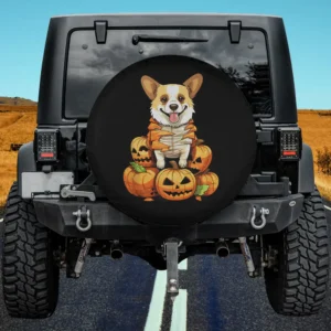Dog in mummy costume with jack o lanterns Halloween spare tire cover no camera hole
