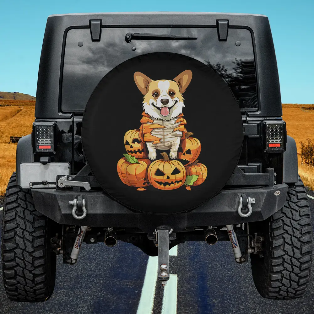 Dog in mummy costume with jack o lanterns Halloween spare tire cover no camera hole