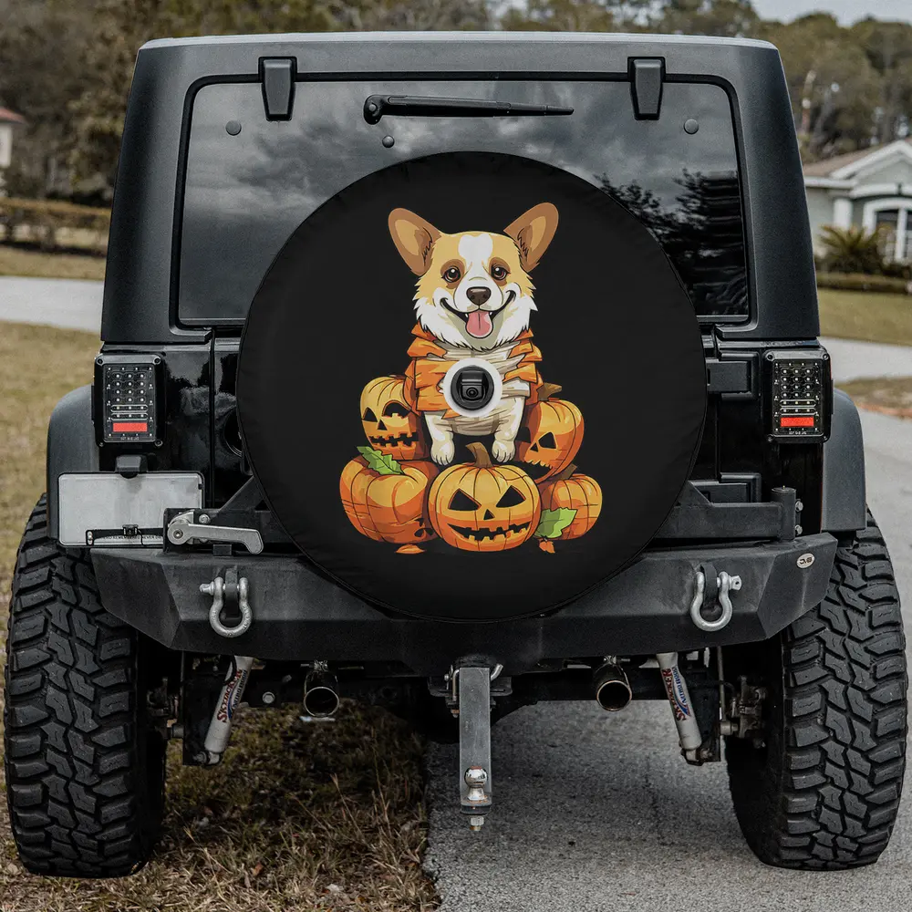 Dog mummy costume jack o lanterns Halloween spare tire cover with camera hole