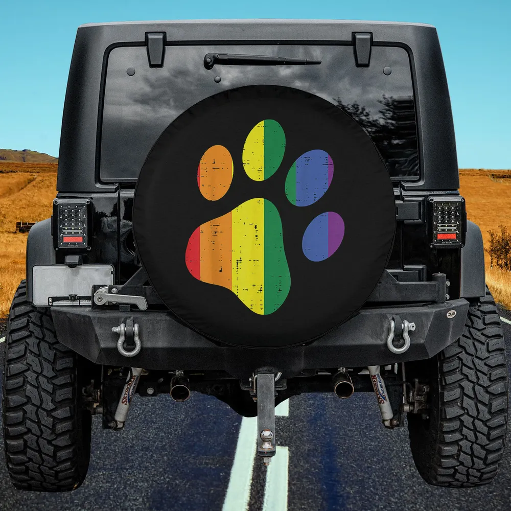 Dog paw print LGBTQ rainbow flag spare tire cover with no camera hole on Jeep