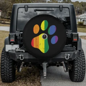 Dog paw print LGBTQ rainbow flag spare tire cover with camera hole for Jeep and SUV