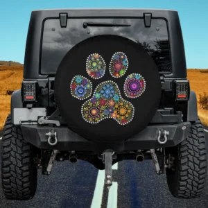Dotted mandala paw print cat spare tire cover on Jeep with no camera hole