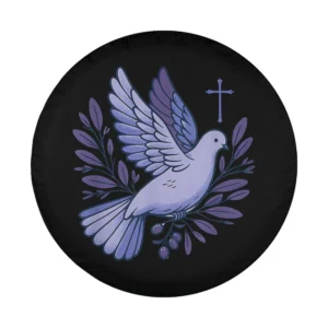 Illustrated dove with cross and olive branches on Christian spare tire cover