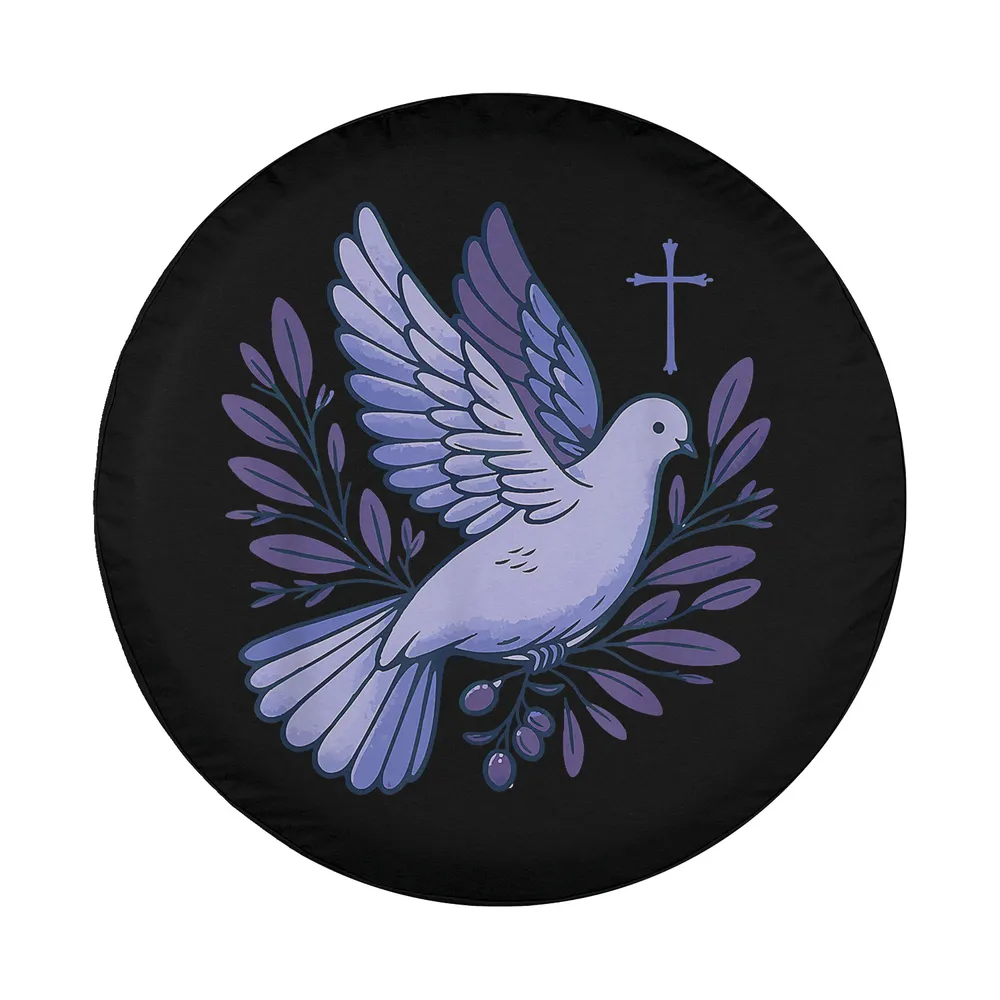 Illustrated dove with cross and olive branches on Christian spare tire cover